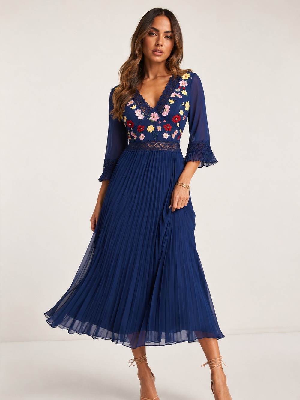 ASOS Embroidered Navy V-Neck Pleated Midi Dress - Picture 2 of 9